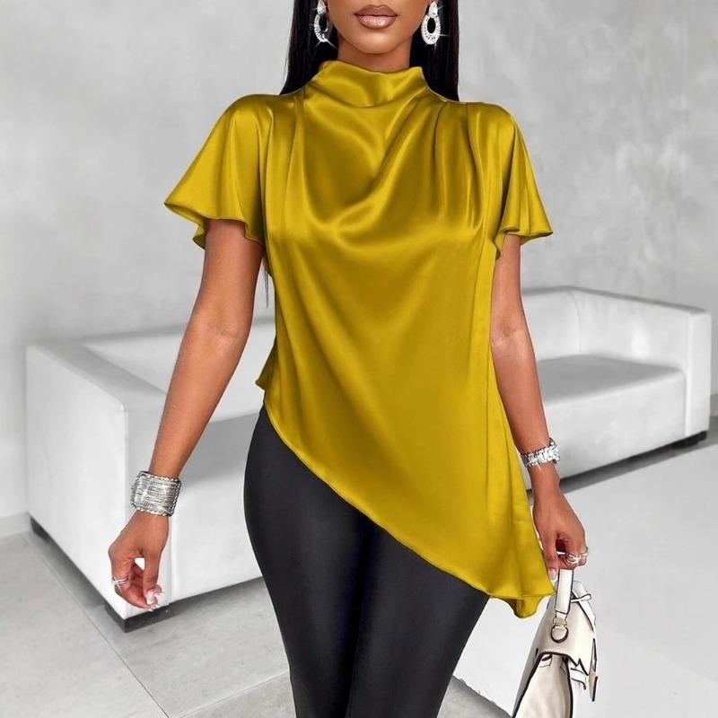 Satin Colored Shirt for Autumn Winter Bat Sleeves Asymmetrical Hem Shirt Top Blouses & Shirts