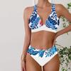 Women's Swimwear Bikini 2 Piece Swimsuit Backless Halter Beach Wear Blue Feather Print Bathing Suits Hanging Neck Swimsuit
