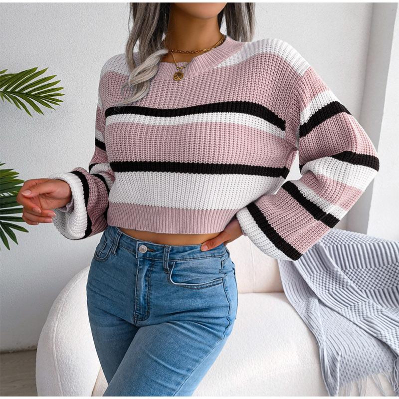 Women Autumn Winter O Neck Long Sleeve Striped Crop Loose Knit Pullover