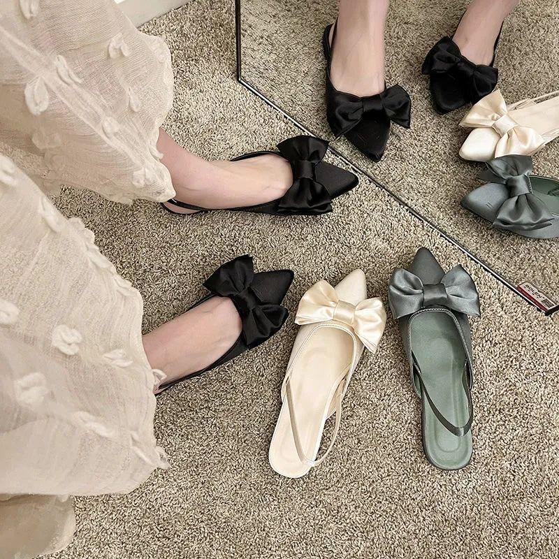 Footwear Pointed Toe Sandals for Women Closed Ladies Shoes Flat Rubber Summer 2024 No Heel Bow Green The Best Vip F On Offer H