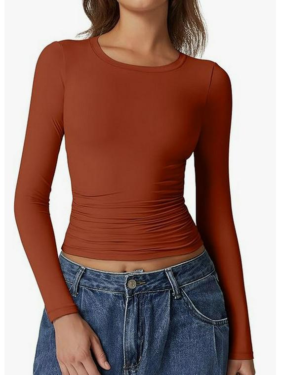 European & American Long Sleeve Round Neck Milk Silk Pullover Tops for Women