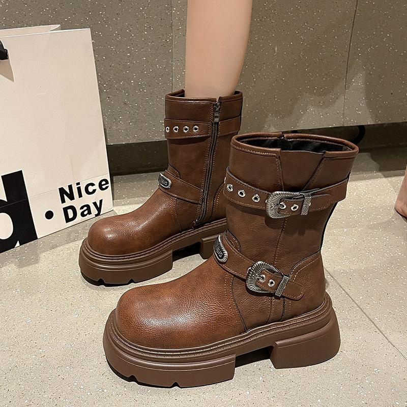 Belt Buckle Tooling Boots Western Cowboy Boots Coarse Heel Short Boots Women's 2025 New Autumn and Winter Thin Boots Medium Boots