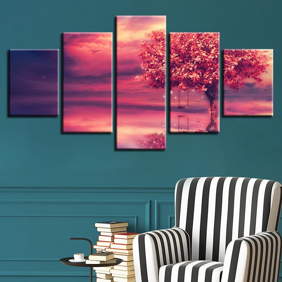 Modular Canvas HD Prints Posters Home Decor Wall Art Pictures 5 Pieces Red Clou & Tree Art Scenery Landscape Paintings No Frame