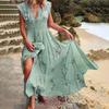 Summer Maxi Dress Women Elegant Vintage Sleeveless V Neck Floral Print Large Hem Long Polyester Dress for Party Dating Daily