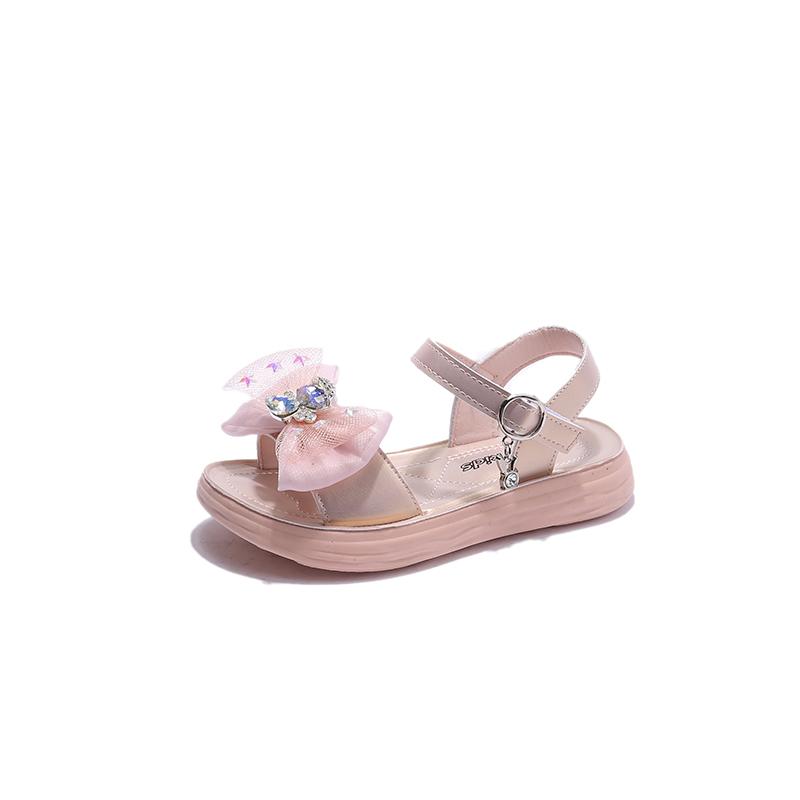 Girls Rhinestone Mesh Bow Simple Korean Children's Sandals New Summer 2024 Solid Color Versatile Kids Performance Shoes Fashion