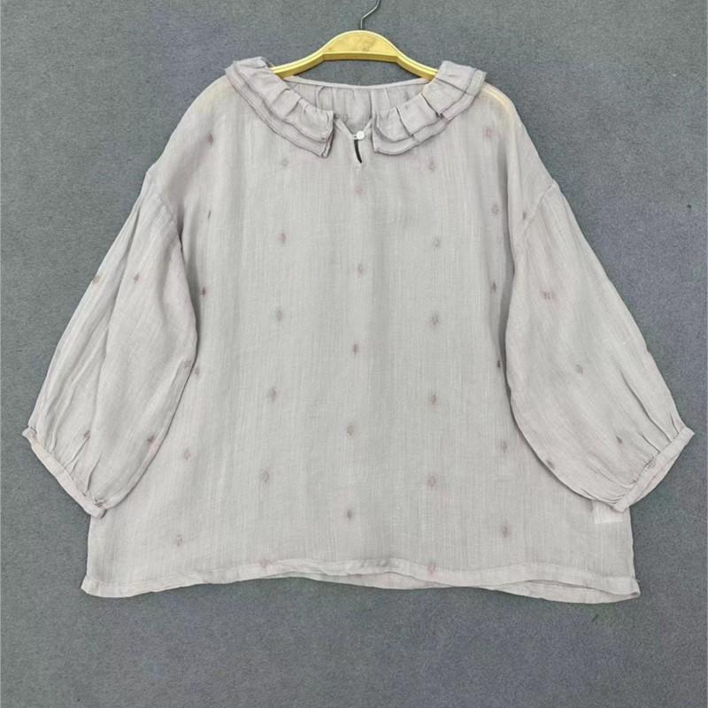 Johnature Summer Embroidered Ruffle Collar Shirts Women Casual Loose Versatile Thin Vintage Tops