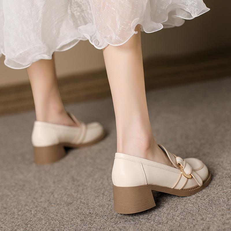 2024 Spring New Platform Shoes for Women Genuine Leather Chunky Heels Casual Shoes Girl Fashion Slip-on Loafers