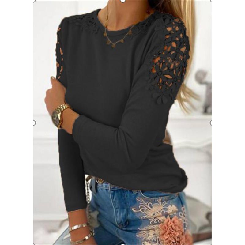 FASHION Women Fashion Pure Color Slim Lace Hollow Long Sleeve T-Shirt Soft and Comfortable Thin Loose Casual Tops