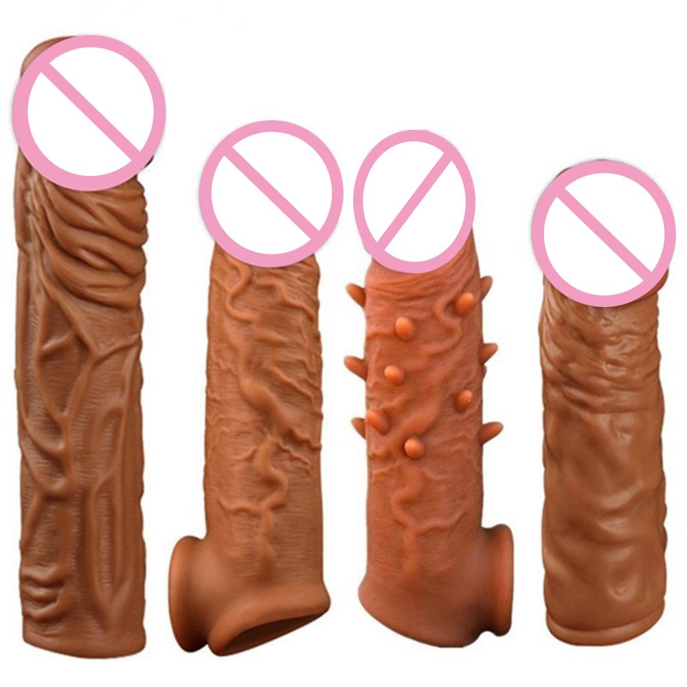 Realistic Condoms For Men Reusable Penis Sleeve For Male Extender Dildo Enhancer Enlargement Condom Male Cock Sex Toys
