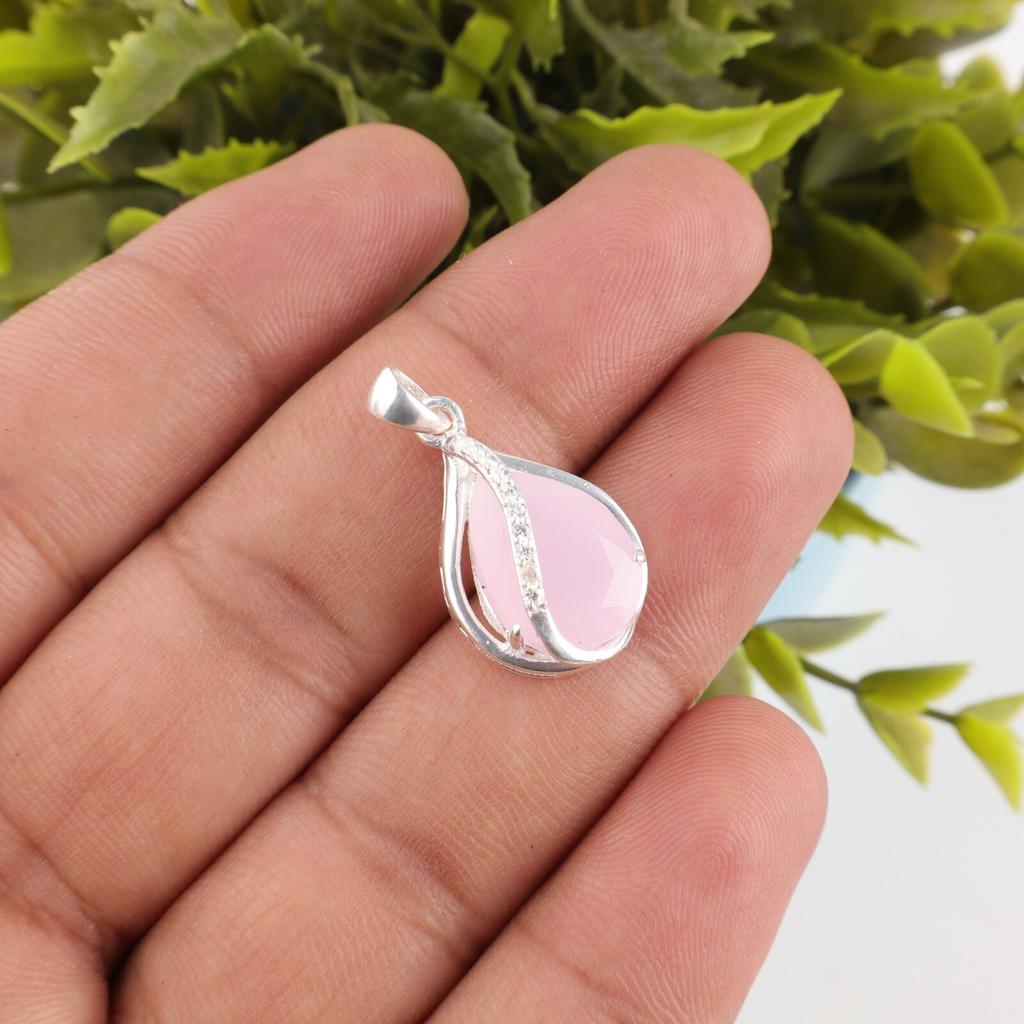 Rose Chalcedony Gemstone Zircon Pendant 925 Sterling Silver Jewelry Tiny Pendant CZP-7-7