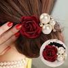 Women Girls Rose Flower Pearls Beads Hair Band Rope Scrunchie Ponytail Holder