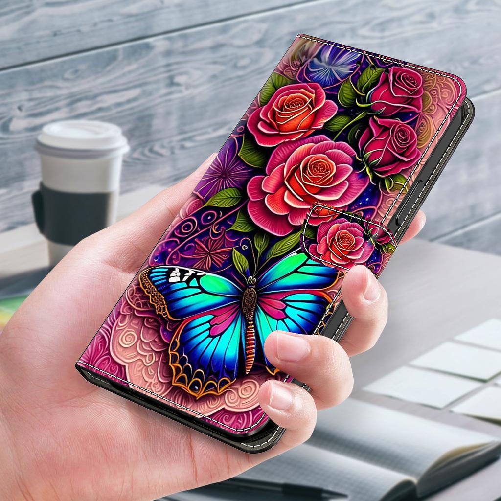 Rainbow Butterfly and Flower Pattern PU Leather Book Case for iPhone Samsung Huawei Honor Google Redmi Xiaomi LG Motorola Sony Nokia Oneplus Oppo