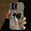 Luxury Bling Glitter Plating 3D Love Heart Mirror Sequins Case For Iphone 16 14 15 13 12 Pro Max 11 INS Lens Protection Cover