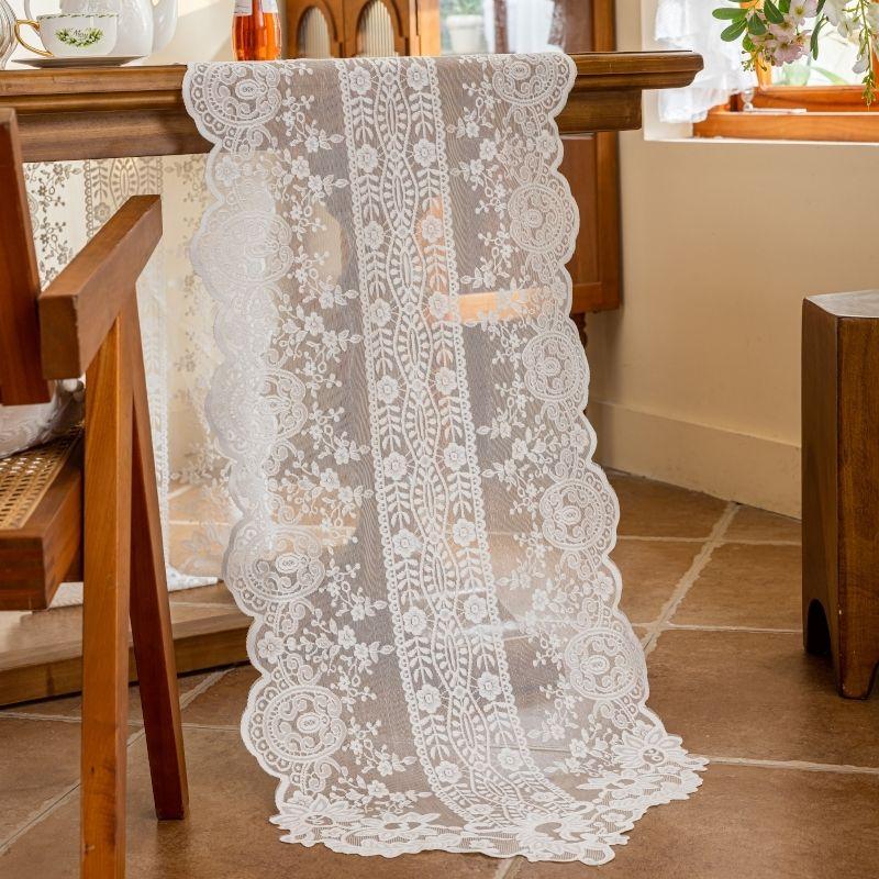 Elegant White Lace Table Runner with Floral Embroidery Tablecloth for Dresser, Kitchen, Wedding Banquet, Coffee Table, Fireplace, Dining