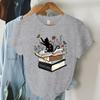 Cat with Book Print T Shirt Women Floral Wildflower T-Shirt Summer Short Sleeves T-Shirts Book Lover Literature Female Tops Tops