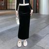 2025 Stylish Gold Velvet High-Waist Midi Skirt for Women - Black, Autumn/Winter, Sexy Long Slit