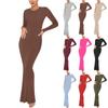 Women's Fashionable And Elegant Solid Color Round Neck Long Sleeved Slim Fit Long Dress