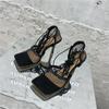 Fashion Sexy Mesh Pumps Sandals Female Square Toe High Heel Lace Up Cross-Tied Stiletto Hollow Dress Shoes