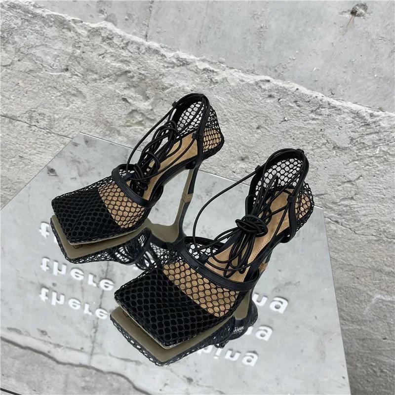Fashion Sexy Mesh Pumps Sandals Female Square Toe High Heel Lace Up Cross-Tied Stiletto Hollow Dress Shoes