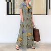 Women Summer Dress A-line Lapel Loose Floral Printing Shirt Type Short Sleeves Button-down with Side Pockets Ankle Length Long Dress