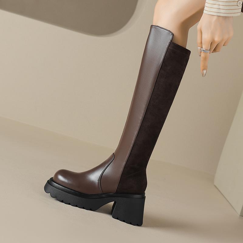 Krazing Pot Microfiber Autumn Winter Shoes Patch Work Platform Boots Round Toe Keep Warm Thick Bottom Thigh High Boots