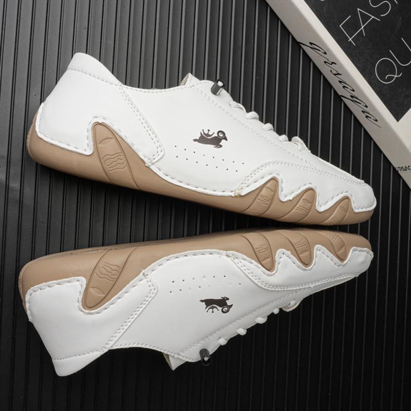 Men's Sports and Leisure Shoes White Leather Flat Bottomed Student Walking Shoes Non Slip and Lightweight One Foot Tennis Shoes