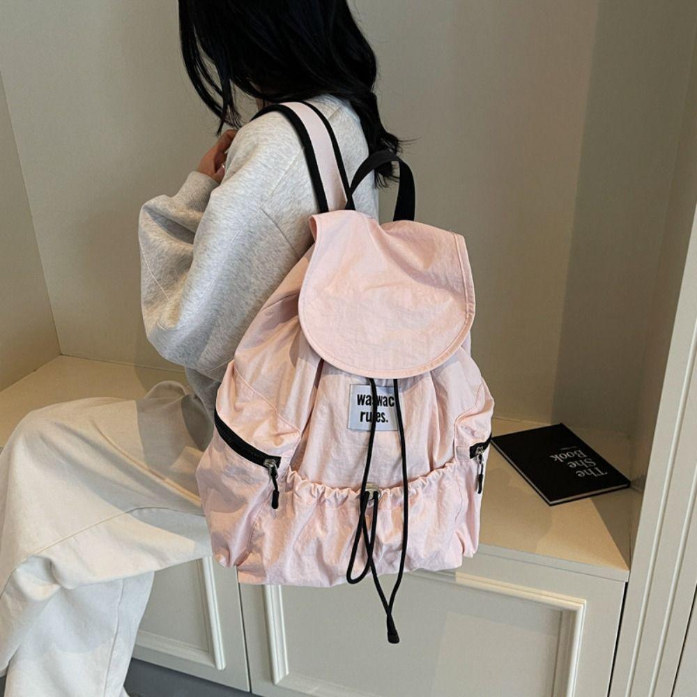 Solid Color Ruched Shoulder Bags Nylon Student Schoolbag Simple Drawsting Backpacks Outdoor