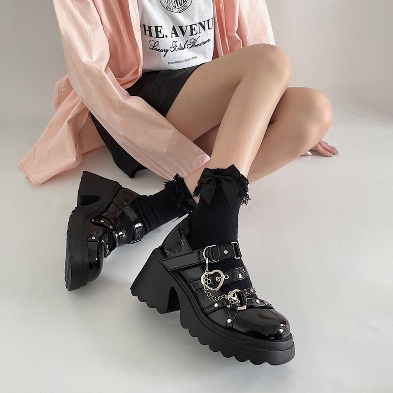 Chain Platform Mary Janes Women  Heart-Shaped Buckle Punk Gothic Shoes Woman Patent Leather Thick High Heels Lolita Shoes