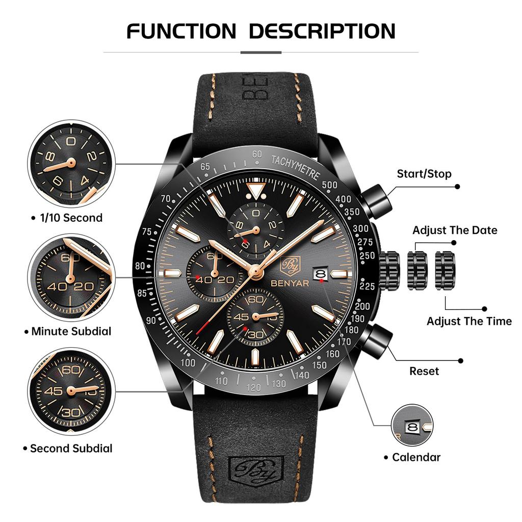 BY BENYAR Watch Watch Chronograph Analog Watch 30M Water Resistant Business Simple Stylish Popular Formal Leather Belt Quartz Watch Gift for Men Brown
