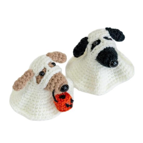 1/2Pcs Halloween Crochet Ghost Dog Doll Mini Handmade Knitting Pumpkin Ghost Puppy Doll Home Office Desktop Animal Decoration Ornament
