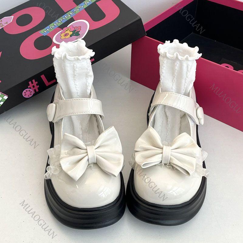 Fashion Cute Bow Round Head Leather Mary Jane Shoes Versatile Thick Bottom JK Uniform Lolita Shoes for Women Casual Thicke Heel Loafers