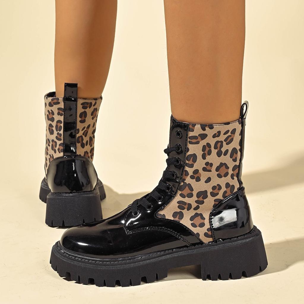 Fashion 2024 Lace Up Boots Women Leopard Mid Calf Boots Fashion Designer Shoes Comfortable Casual Mid Calf Boots Women Shoes for Women