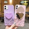 Love Heart Makeup Mirror Color Sequins Girls Bling Glitter Clear Phone Case For iPhone Samsung Xiaomi Transparent Silicone Shockproof Stand Back Cover