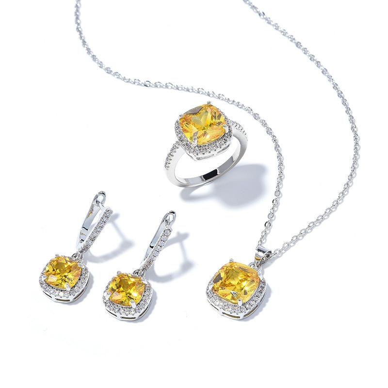 Square Zircon Ring Simple Fashion High Sense Personalized Earrings Necklace Set