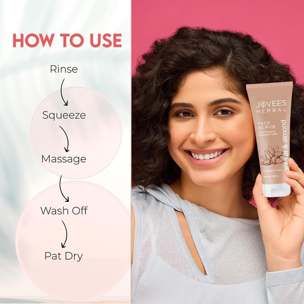 Jovees Herbal Apricot & Almond Face Scrub 100g | Gentle Exfoliation For Dry Skin | Anti Pigmentation & Tan Removal | Smooth Glowing Clear Complexion