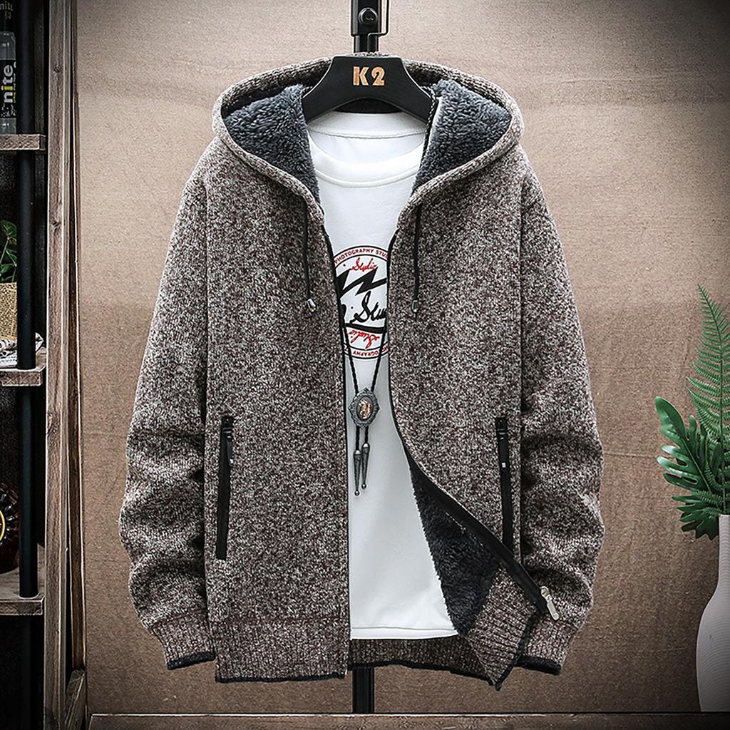 Men's Fall And Winter Casual Sweater Jacket Warm Knit Sweater Hooded Hoodie