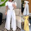 Women Jumpsuit Hollow High Waist Short Sleeves Wide Leg Pockets Full Length Sloping Shoulder Solid