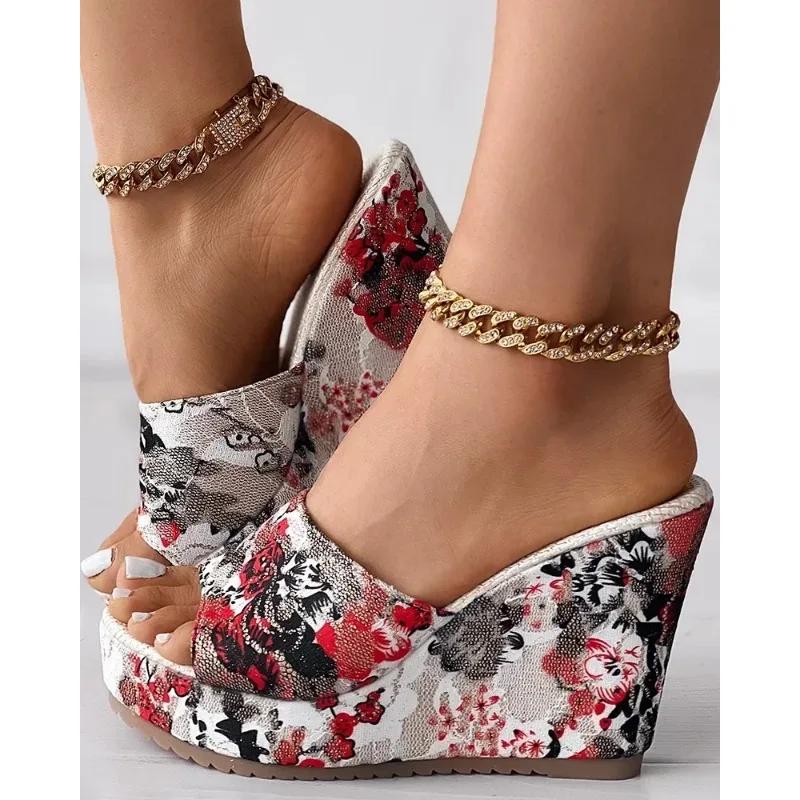 Women Shoes Fashion Shoes Casual Flip Flops Summer Vintage Floral Print Peep Toe Wedge Slippers 35-42