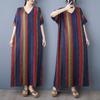 New Women 2025 Plus Size Summer Long Casual Stripe Dress Loose Cotton Linen Vintage Basic Dress Maxi