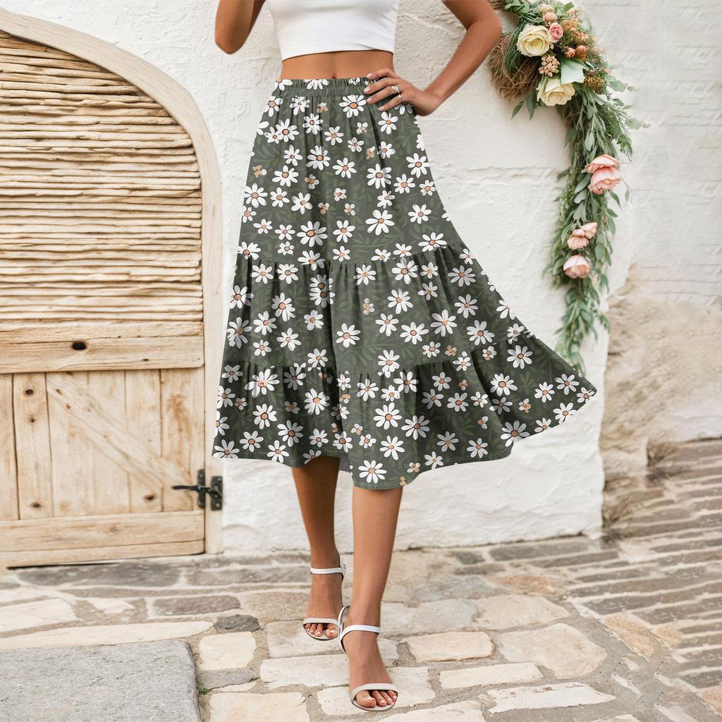Women's Casual High Waist A-Line Skirt Polka Dot Stripe Printed Skirt With Pockets