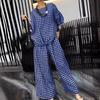 2 Pcs/Set Women Spring Top Pants Set Plaid Print Three-quarter Sleeves Round Neck Split Back T-shirt Wide Leg Elastic Waist Loose Trousers Casual