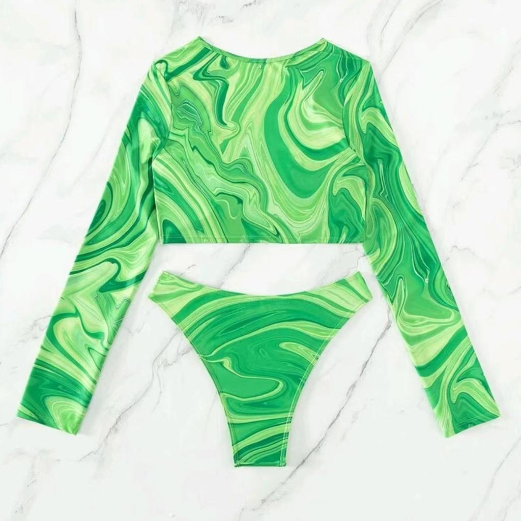 Split Length Sleeved Bikini Swimsuit With Floral Print For Women