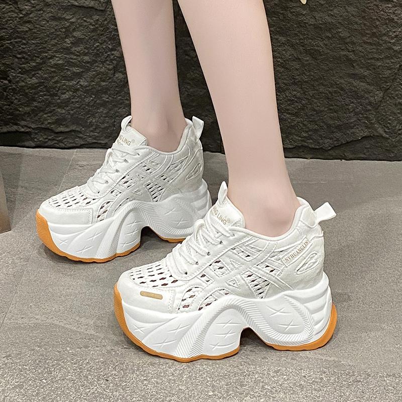 Fashion 2025 Chunky Leather Sneakers Summer Casual Vulcanized Shoes Woman High Platform Breathable Hollow Sneakers 9CM Sport Dad Shoes