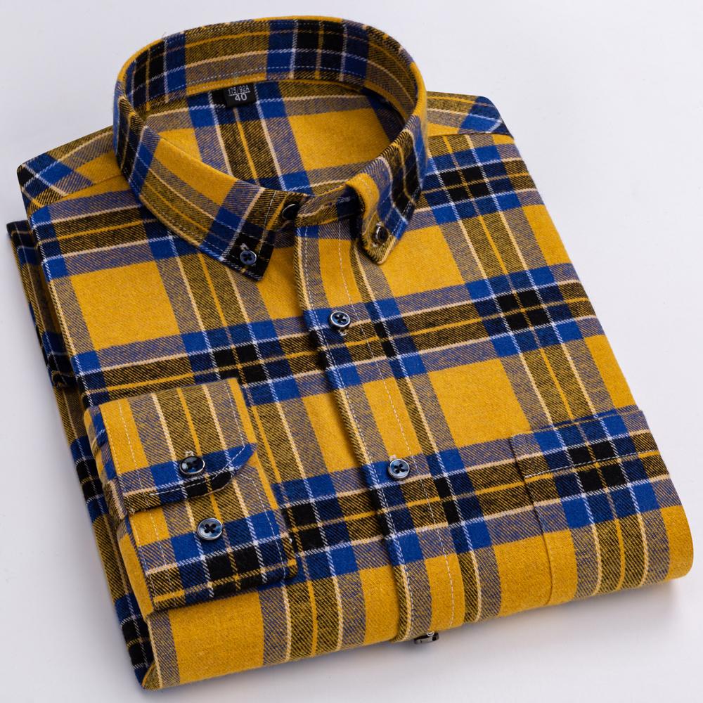 Men's Fashion Brushed Flannel Plaid Striped Shirts Single Patch Pocket Comfortable 100% Cotton Long Sleeve Standard-fit Shirt