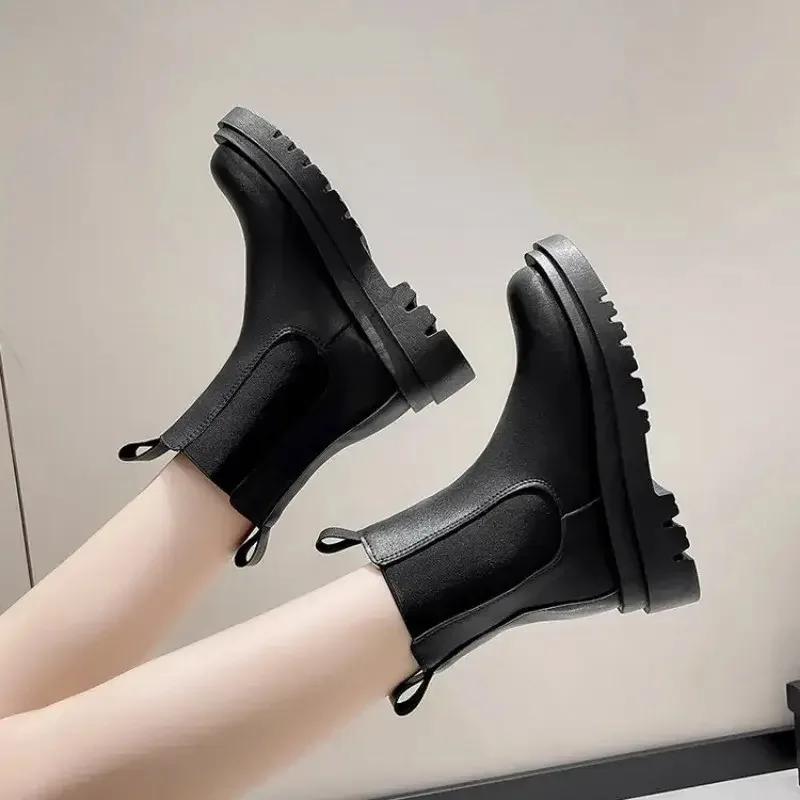 Women's Platform Boots Fashion Mid Calf Boots New Casual Leather Boots for Women Winter Plush Warm Ankle Boot Black Chelsea Boot