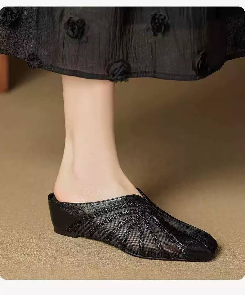 Soft Leather Mesh Yarn Baotou Half Slippers Children 2025 Spring and Summer Outer Wear Non-slip Soft Sole Retro Soft Sole Middle Heel Muller Shoes