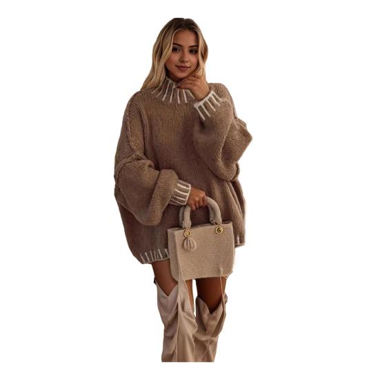 Women Oversized Pullover Sweater Turtleneck Long Sleeve Patchwork Color Winter Knitting Tops