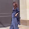 2024 Autumn Women's Solid Color Flare Sleeve Satin-Like Dress with Round Neck