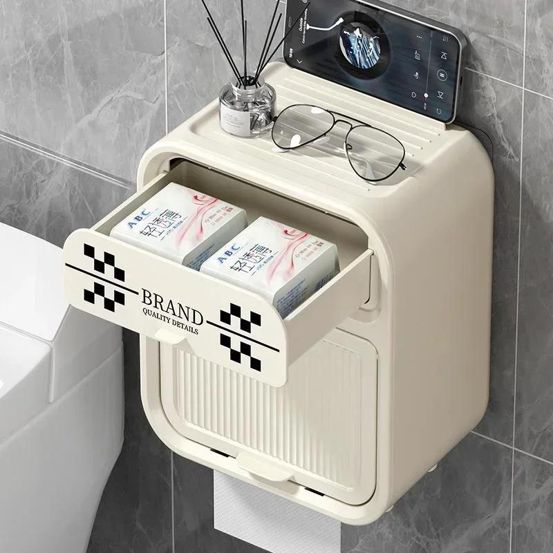 1pc Nordic Style Chessboard Bathroom Tissue Box Double Layer Storage Rack Waterproof Non-hole Wall Mounted Tissue Box