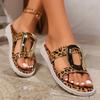 Women's Shoes 2024 Summer High Quality Open Toe Ladies Slippers Fashionable Leopard Color Metal Decoration Flat Beach Shoes